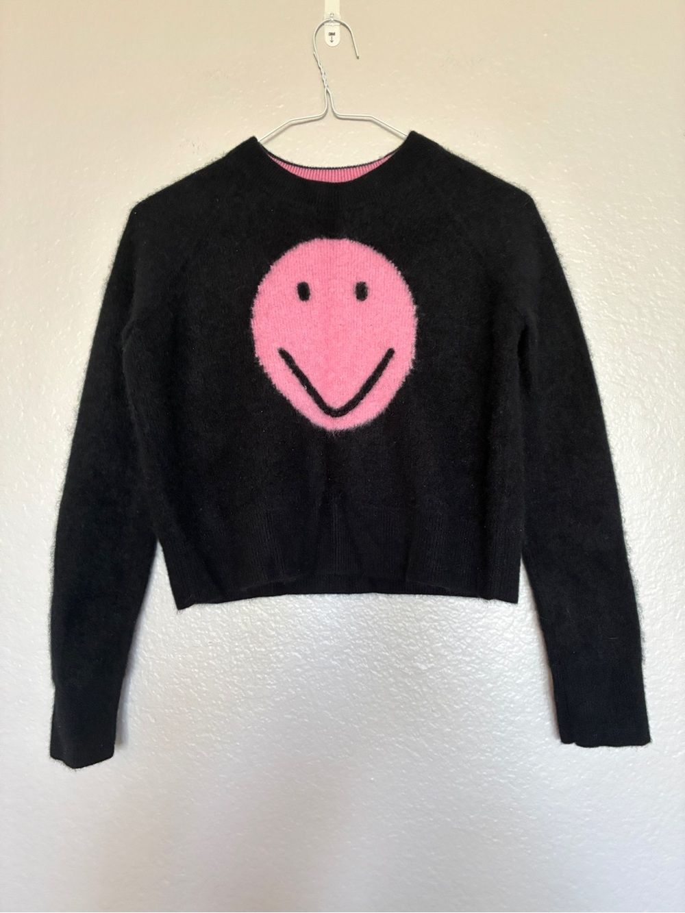 Bellame Black 100% Cashmere Cropped Smiley Face Sweater Pink Size S Winter Cozy
